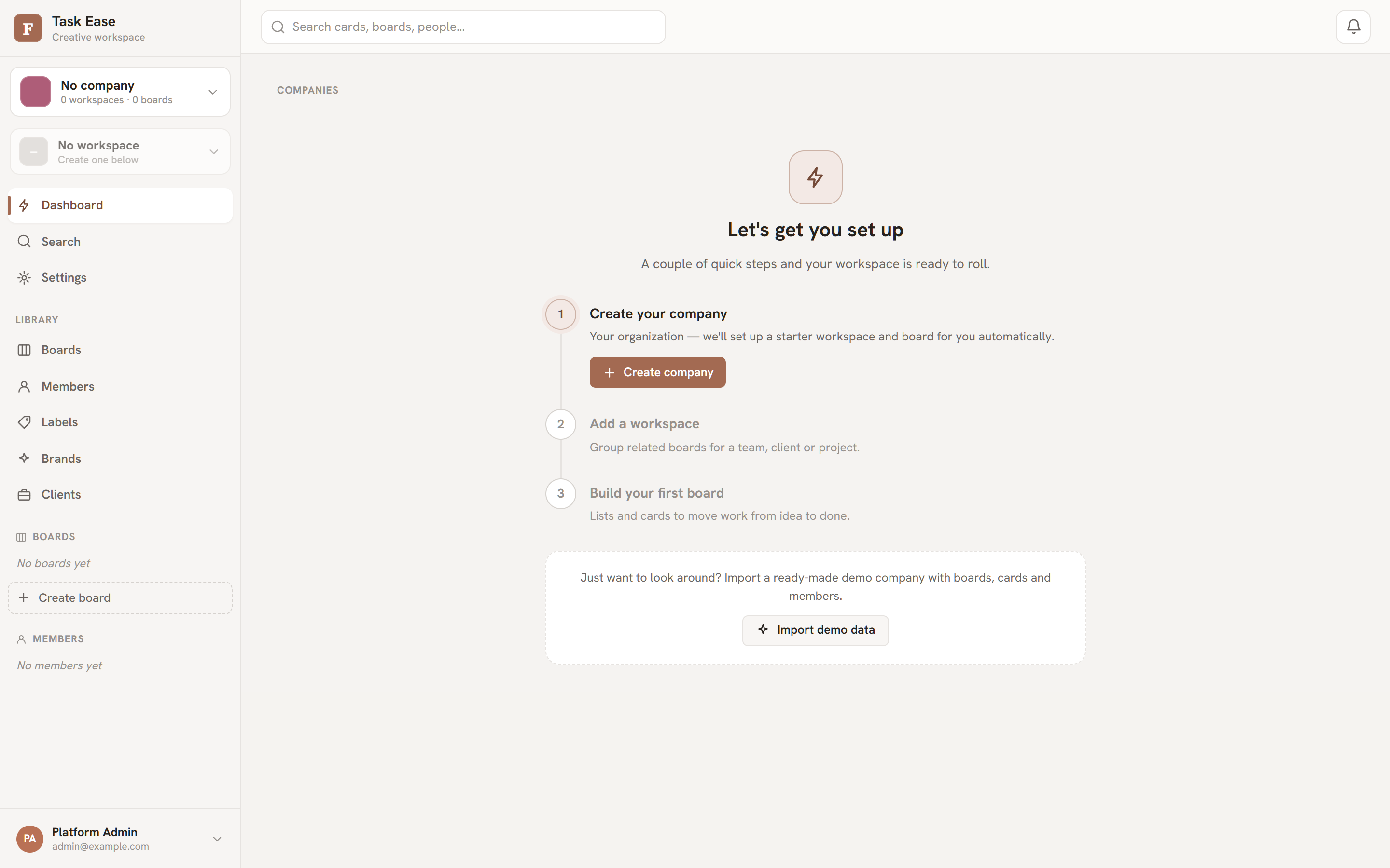 The platform admin console showing companies, settings, and plans