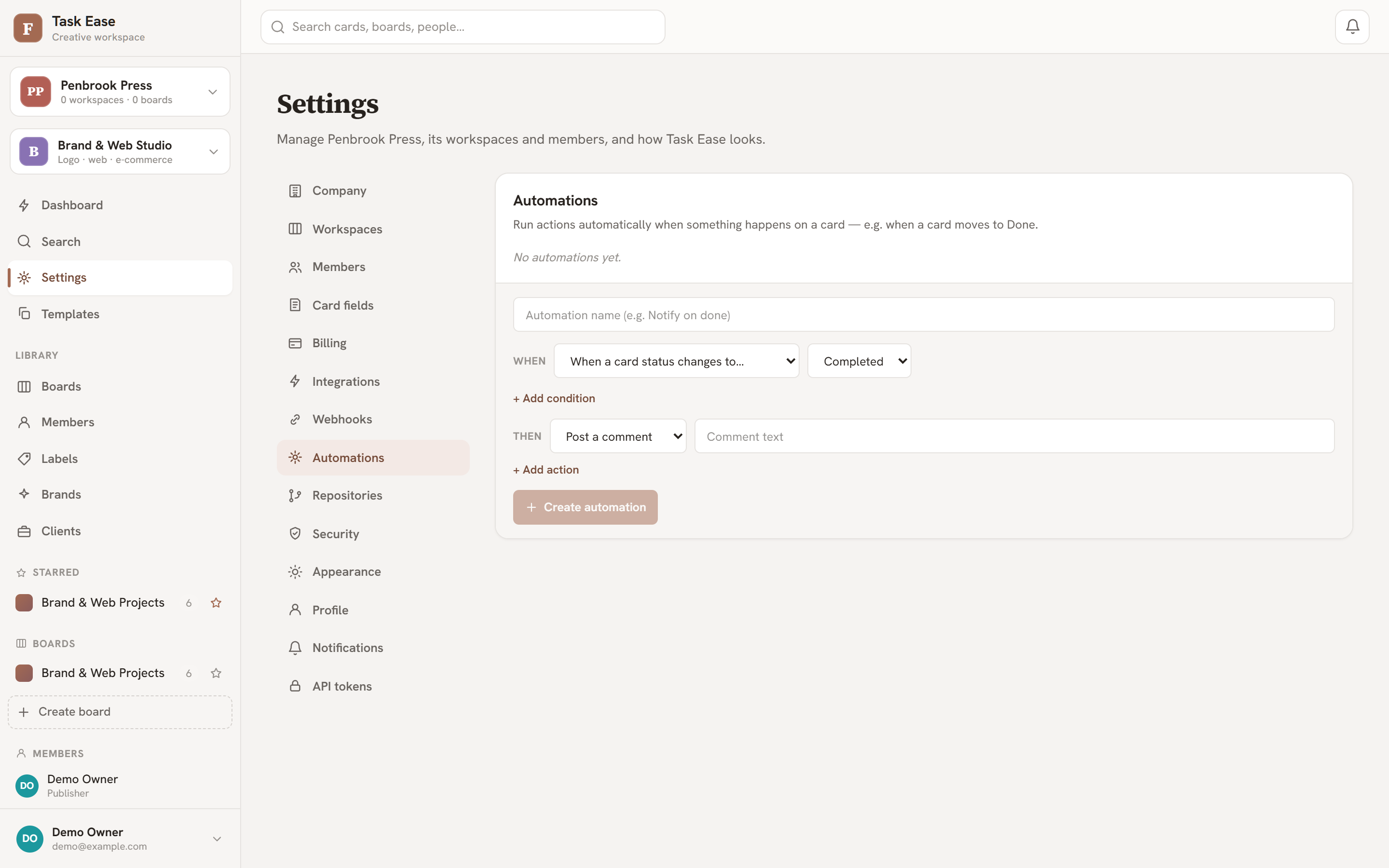 The automations builder showing a trigger, condition and action