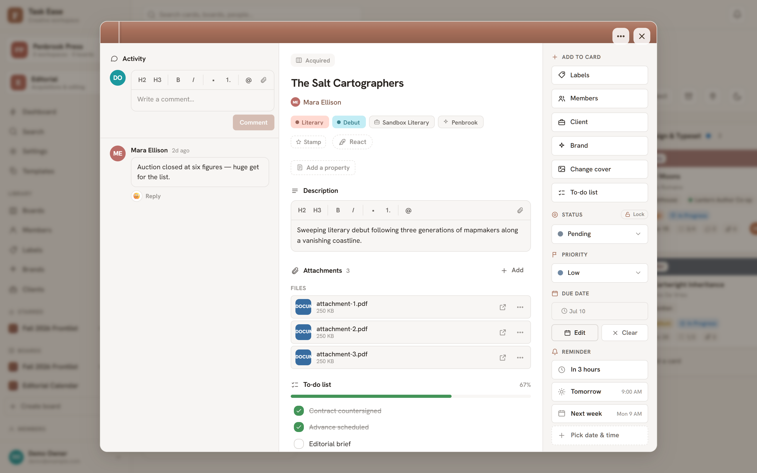 An open card showing description, due date, members, labels, checklist, and comments