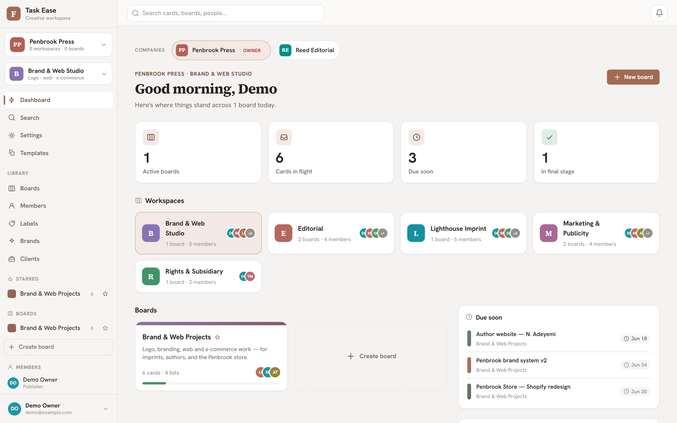The dashboard showing assigned cards, due dates, and the sidebar