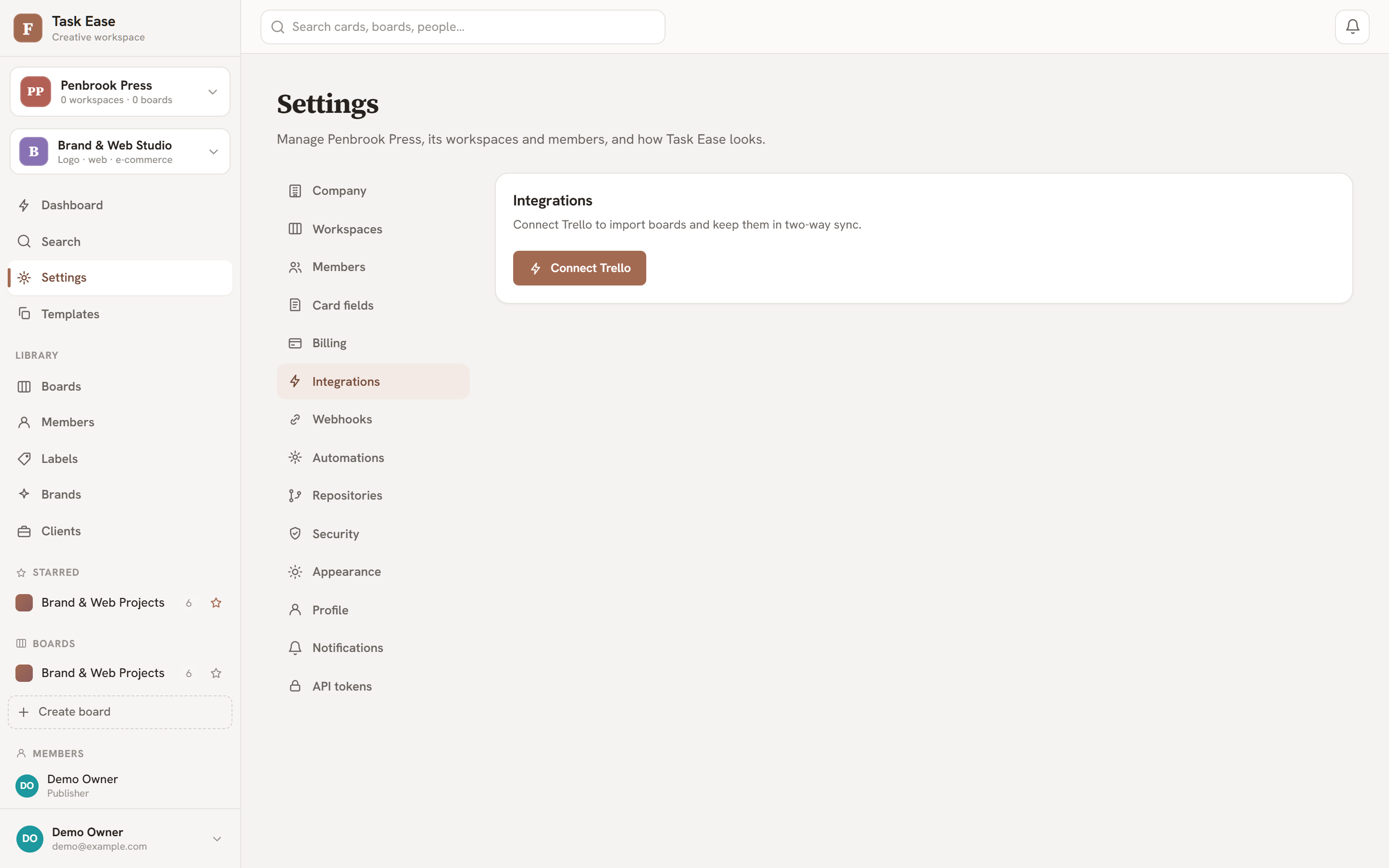 The integrations settings showing Trello, webhooks and repositories