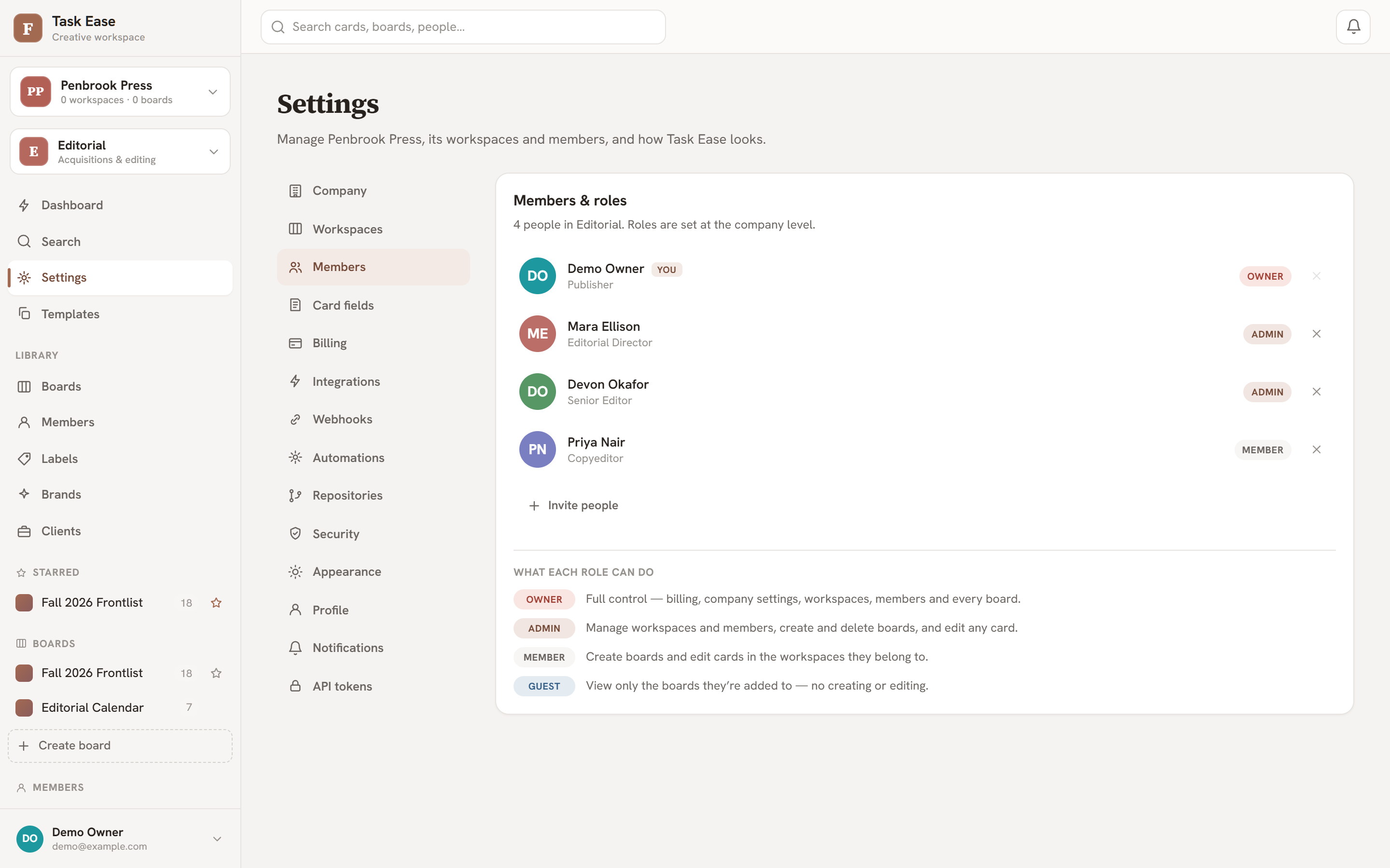 The members settings tab listing people and their roles