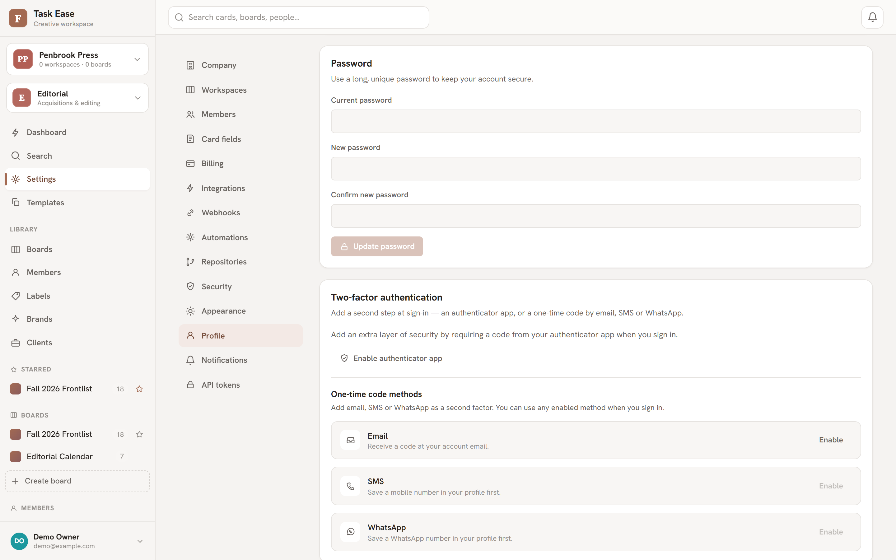 The security settings showing two-factor authentication and passkeys